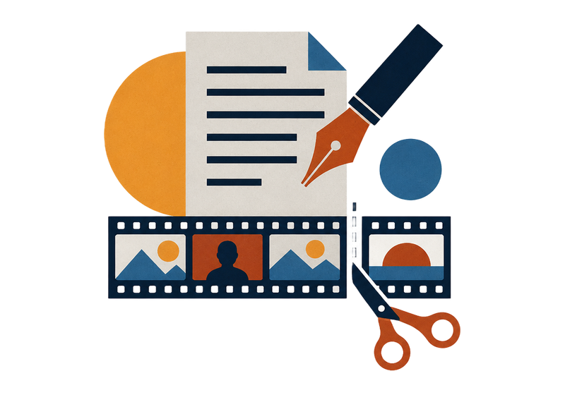 A script page, a pen nib and a filmstrip being cut.